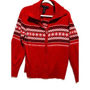 Josephine Chaus Holiday Nordic Sweater Red White Black Cardigan Full Zip‎ xl